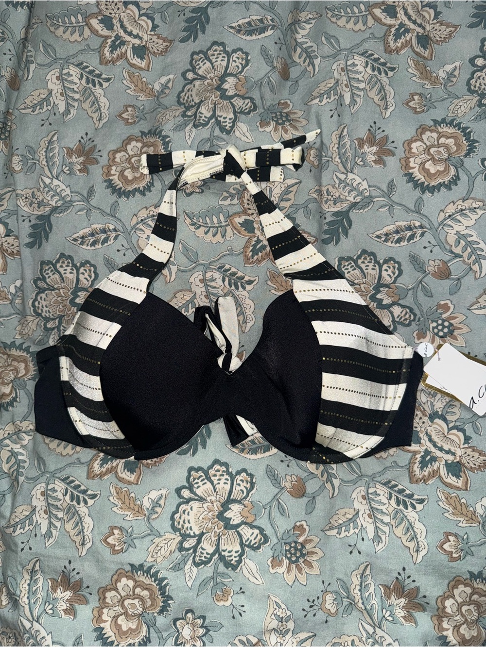 Adonna Black and Cream Striped Halter Bikini Top